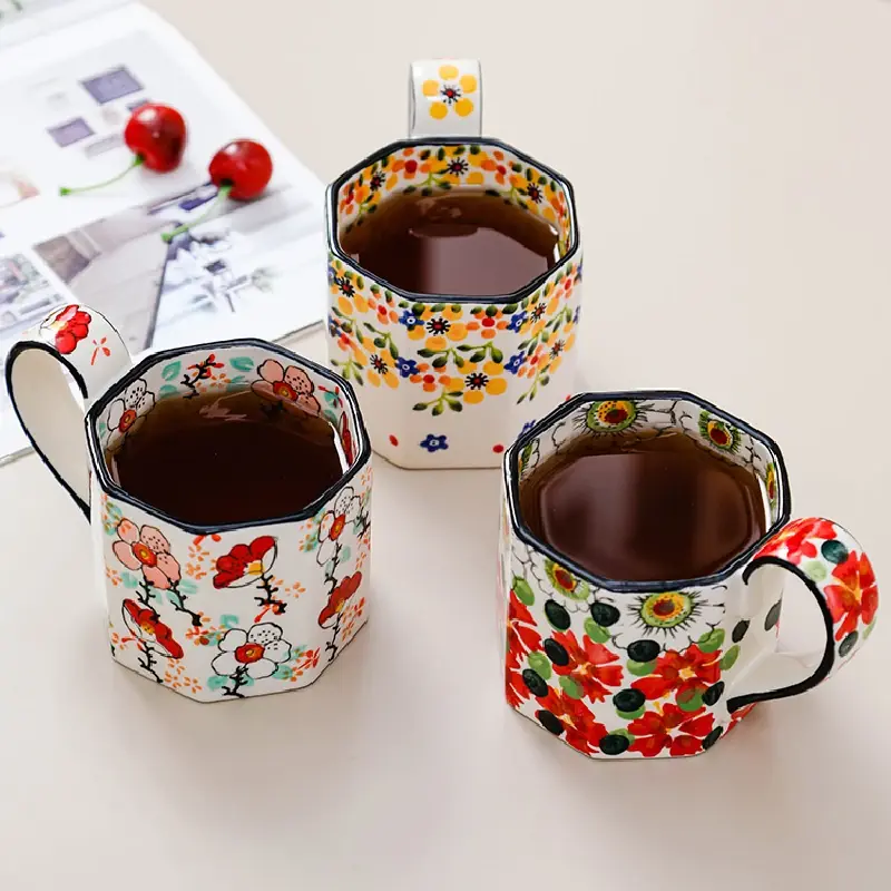400ML Retro Flower Mug Ceramic Coffee Cup Polygon Milk Tea Cup Kitchen Bar Supplies Breakfast Milk Mug Office Drinking Cup