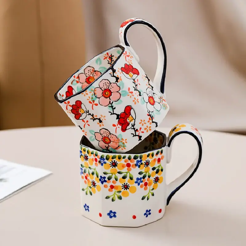 400ML Retro Flower Mug Ceramic Coffee Cup Polygon Milk Tea Cup Kitchen Bar Supplies Breakfast Milk Mug Office Drinking Cup