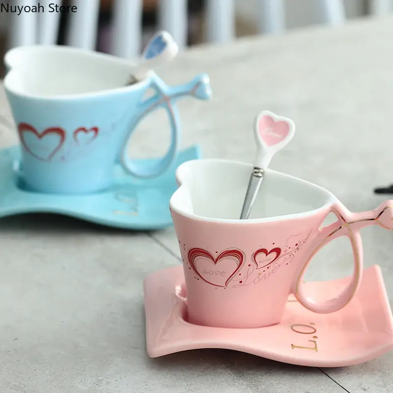 Ceramic Cup Creative Heart-shaped Couple Cup Coffee Cup Set European-style Pink Milk Mug Gilded Crafts Living Room Decoration