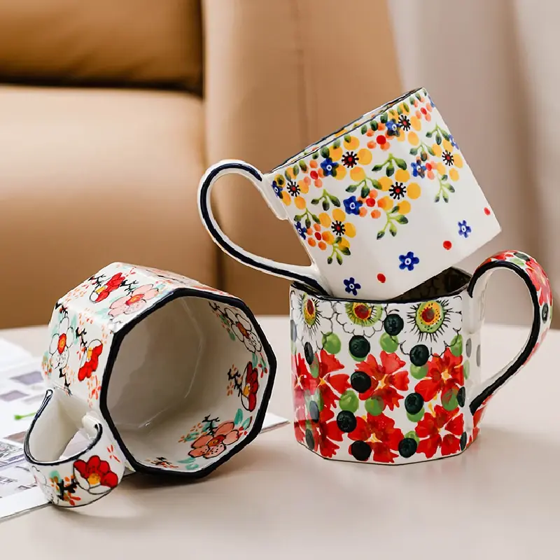 400ML Retro Flower Mug Ceramic Coffee Cup Polygon Milk Tea Cup Kitchen Bar Supplies Breakfast Milk Mug Office Drinking Cup