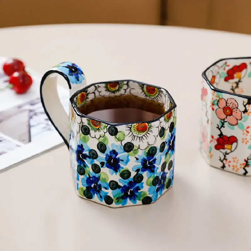 400ML Retro Flower Mug Ceramic Coffee Cup Polygon Milk Tea Cup Kitchen Bar Supplies Breakfast Milk Mug Office Drinking Cup