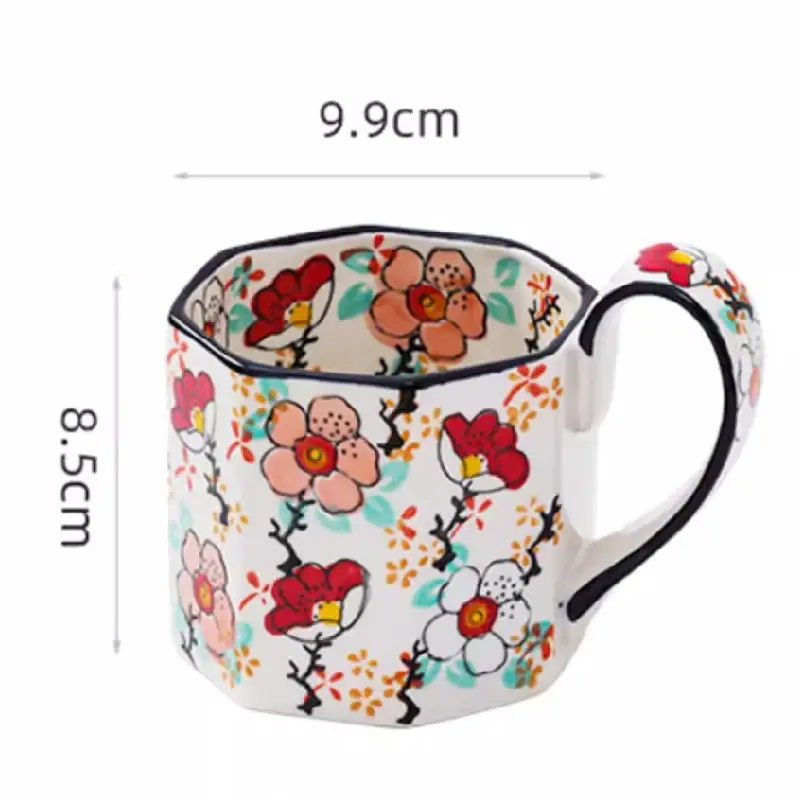 400ML Retro Flower Mug Ceramic Coffee Cup Polygon Milk Tea Cup Kitchen Bar Supplies Breakfast Milk Mug Office Drinking Cup