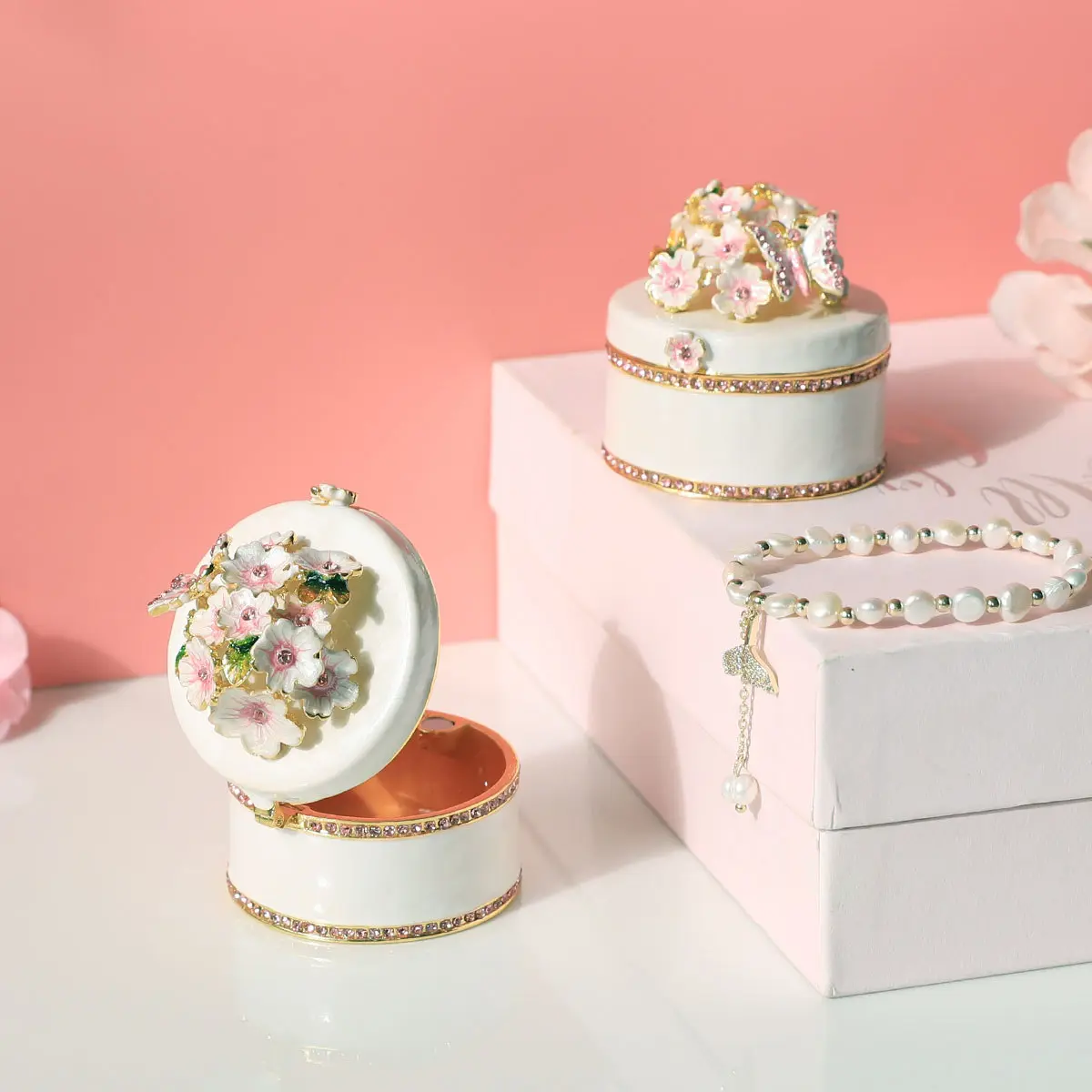 Alloy Cherry Blossom Decorative Box Round Ring Box Enamel Craft Cherry Blossom Jewelry Box Birthday Gift Fashion Small Ornaments