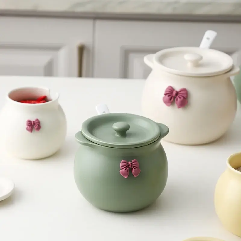 Household Ceramic Seasoning Pot Container with Lid Spoon Ceramic Sugar Bowl Seasoning Box Salt Pot Tea Pot Kitchen Countertop