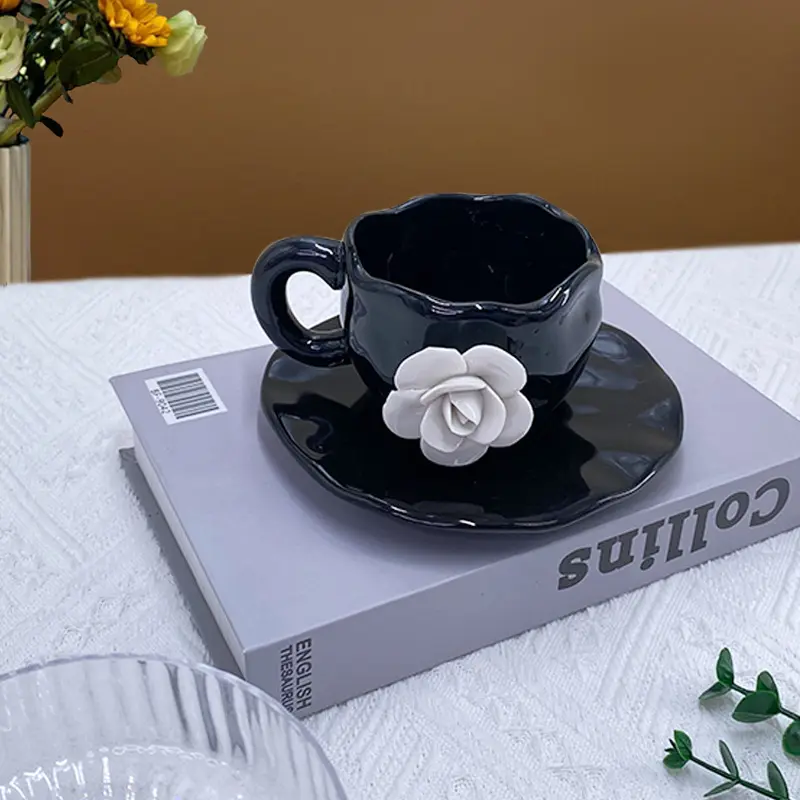 3D Petal Coffee Mug Creative Hand-pinched White Rose Cups and Saucers Home Afternoon Tea Ceramic Mug Three-dimensional Mug