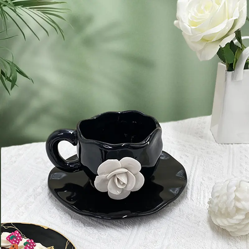 3D Petal Coffee Mug Creative Hand-pinched White Rose Cups and Saucers Home Afternoon Tea Ceramic Mug Three-dimensional Mug