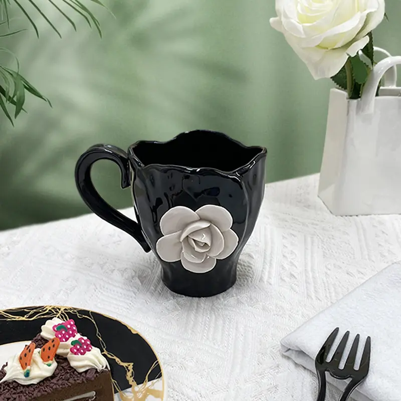 3D Petal Coffee Mug Creative Hand-pinched White Rose Cups and Saucers Home Afternoon Tea Ceramic Mug Three-dimensional Mug