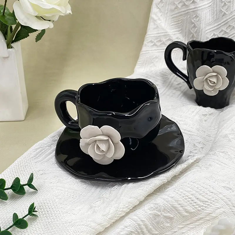 3D Petal Coffee Mug Creative Hand-pinched White Rose Cups and Saucers Home Afternoon Tea Ceramic Mug Three-dimensional Mug