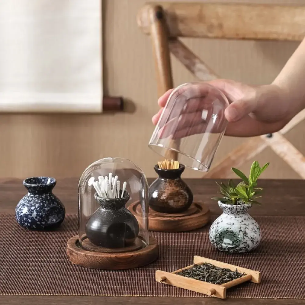 Chinese Ceramic Toothpick Jar Retro Toothpick Tube with Cover Creative Floss Cotton Swab Box Storage Box Set Home Decoration