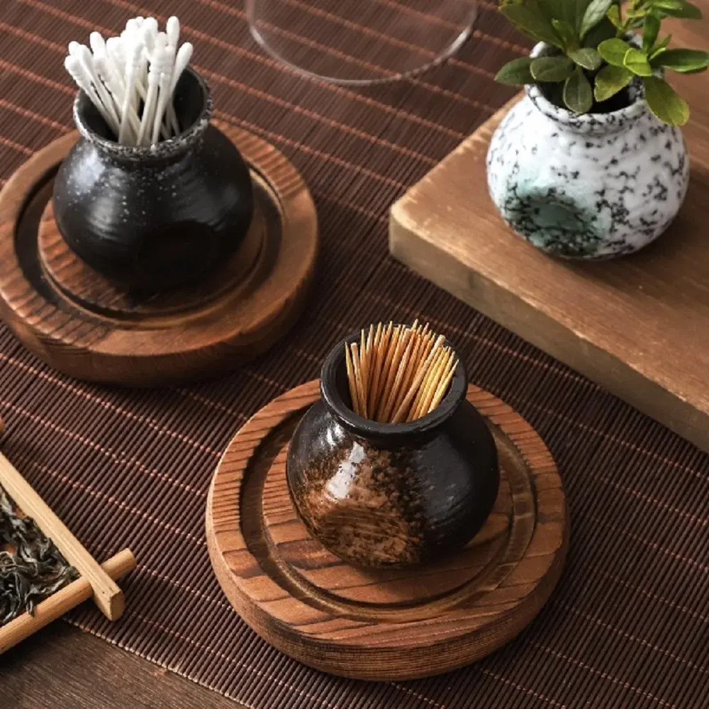 Chinese Ceramic Toothpick Jar Retro Toothpick Tube with Cover Creative Floss Cotton Swab Box Storage Box Set Home Decoration