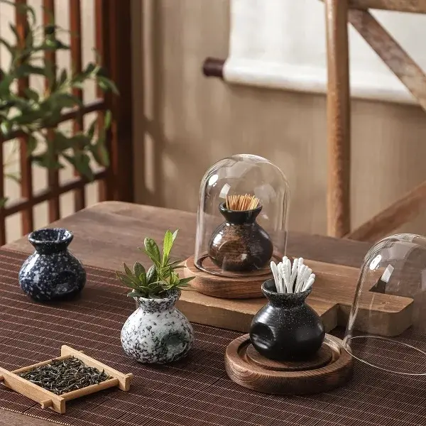 Chinese Ceramic Toothpick Jar Retro Toothpick Tube with Cover Creative Floss Cotton Swab Box Storage Box Set Home Decoration