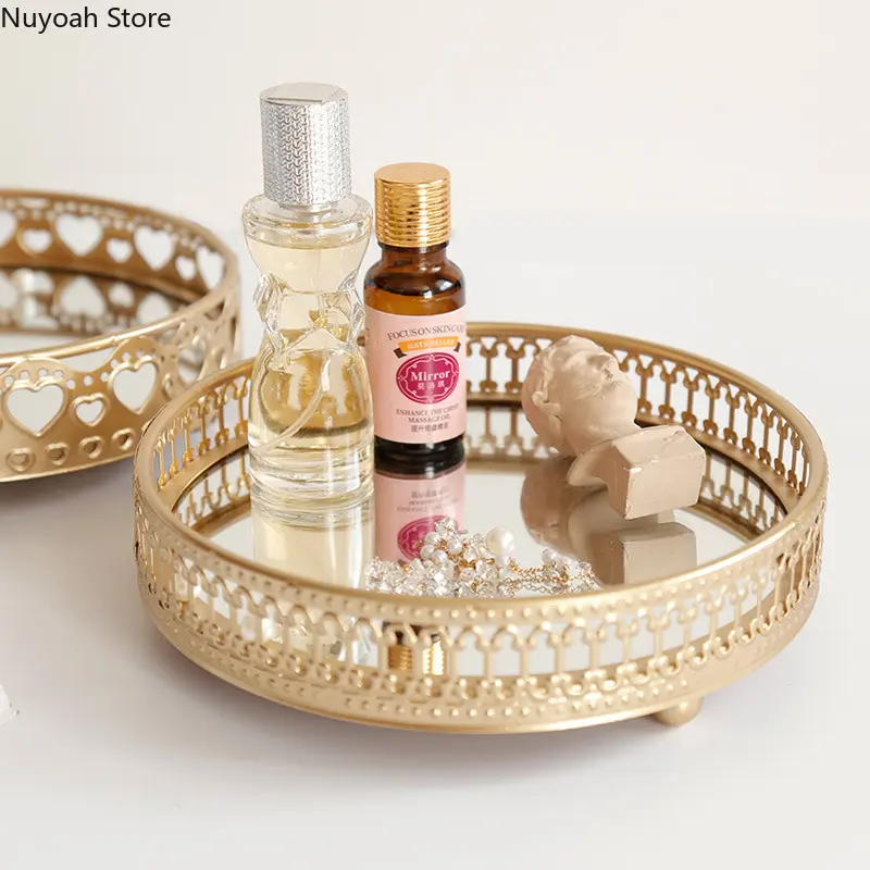 Nordic Light Luxury Style Golden Wrought Iron Glass Mirror Base Tray Living Room Desktop Jewelry Tray Household Storage Tray