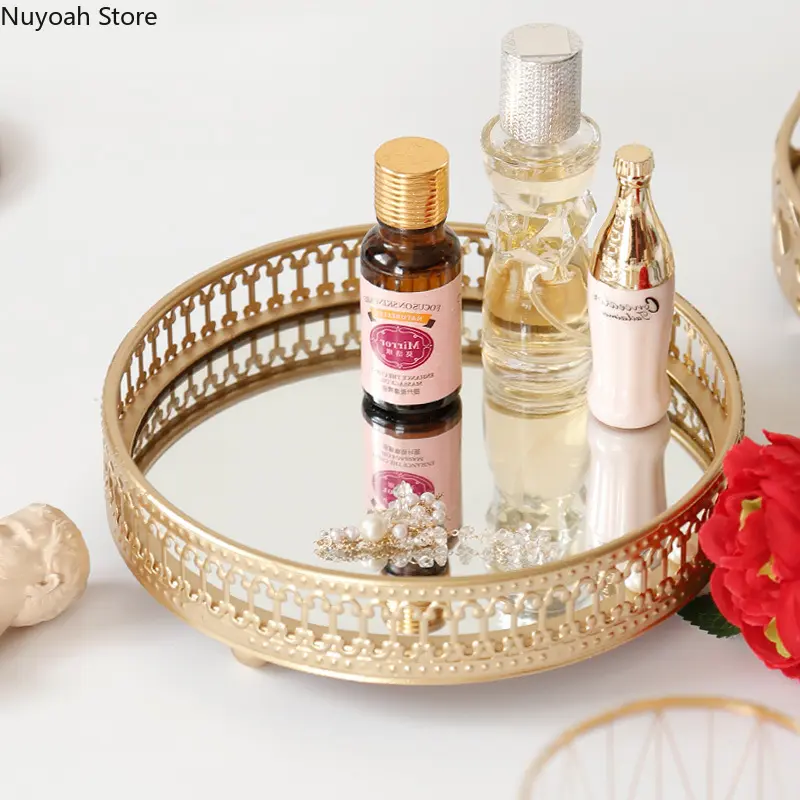 Nordic Light Luxury Style Golden Wrought Iron Glass Mirror Base Tray Living Room Desktop Jewelry Tray Household Storage Tray