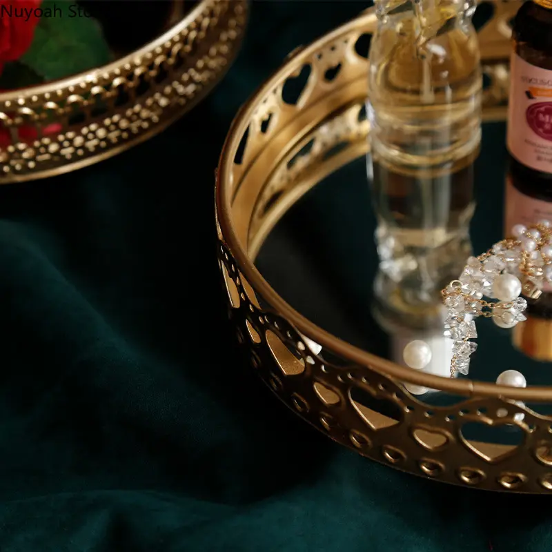 Nordic Light Luxury Style Golden Wrought Iron Glass Mirror Base Tray Living Room Desktop Jewelry Tray Household Storage Tray