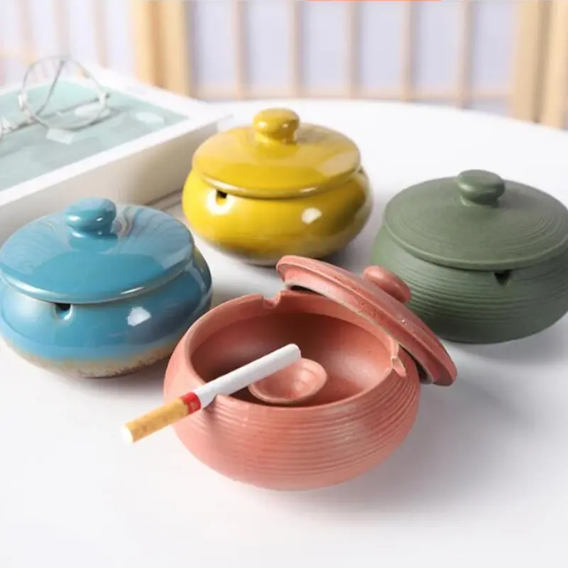 Creative Kiln Variable Glaze European-style Ceramic Ashtray with Cover Desktop Ashtray Living Room Retro Ashtray Home Decoration