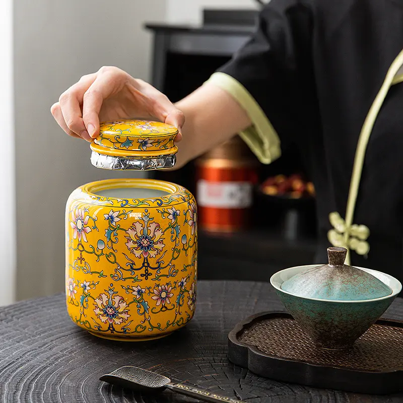 950ML Enamel Tea Pot with Lid Ceramic Sealed Moisture-proof Pot Home Decoration Tea jar Home Medicine jar Tea Set Accessories