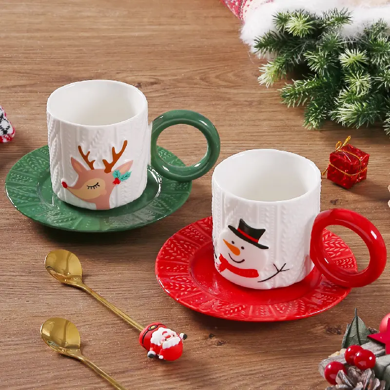 Relief Grain Hand-painted Ceramic Cups and Saucers Creative Hand-painted Santa Claus Elk Coffee Cup Set Drinking Holiday Gifts