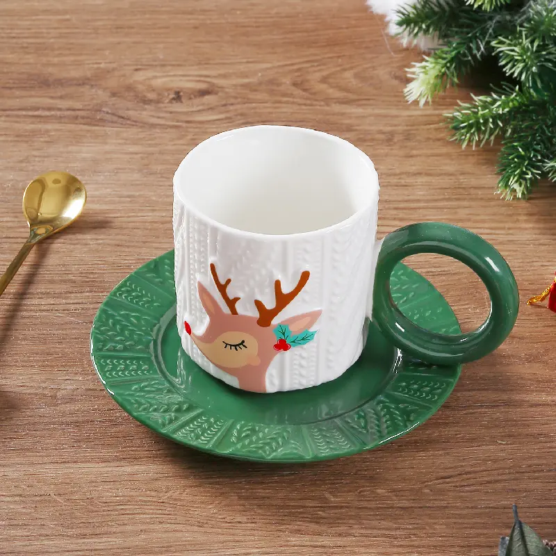 Relief Grain Hand-painted Ceramic Cups and Saucers Creative Hand-painted Santa Claus Elk Coffee Cup Set Drinking Holiday Gifts