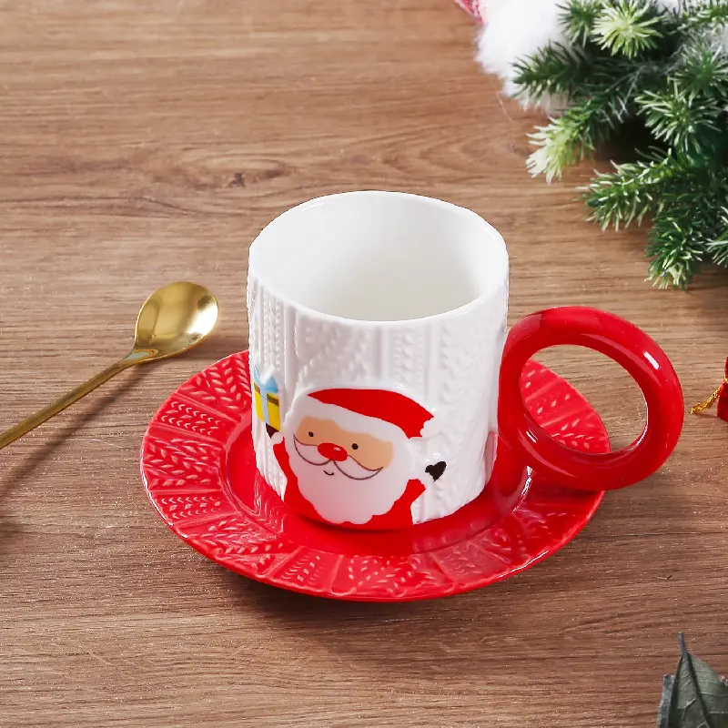 Relief Grain Hand-painted Ceramic Cups and Saucers Creative Hand-painted Santa Claus Elk Coffee Cup Set Drinking Holiday Gifts