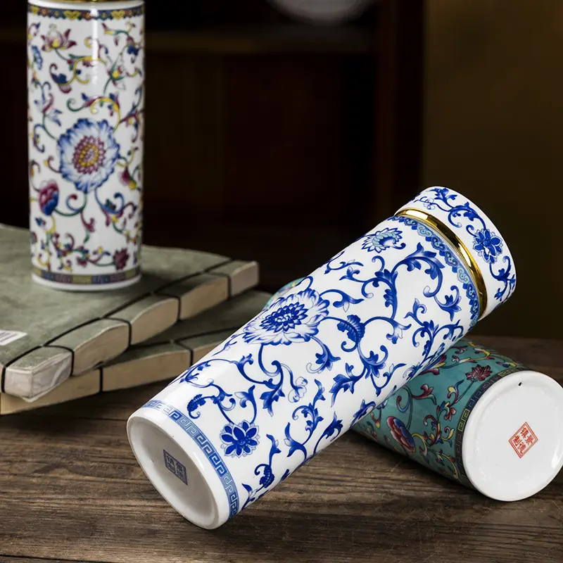 500ML Double-layer Ceramic Cups Enameled Ceramics High-temperature Resistant Cups with Lids Portable Mugs and Drinking Utensils