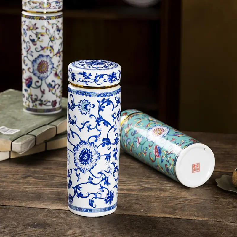 500ML Double-layer Ceramic Cups Enameled Ceramics High-temperature Resistant Cups with Lids Portable Mugs and Drinking Utensils