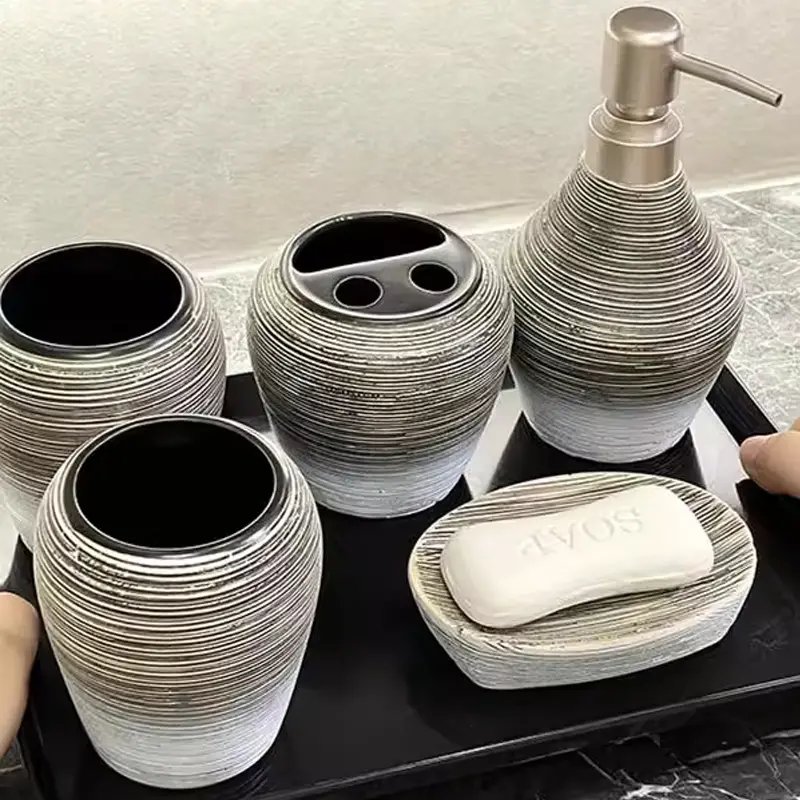 Stripe Brushed Ceramic Lotion Bottle Mouthwash Cup Soap Dish Toothbrush Holder Bathroom Supplies Household Bathroom Accessories