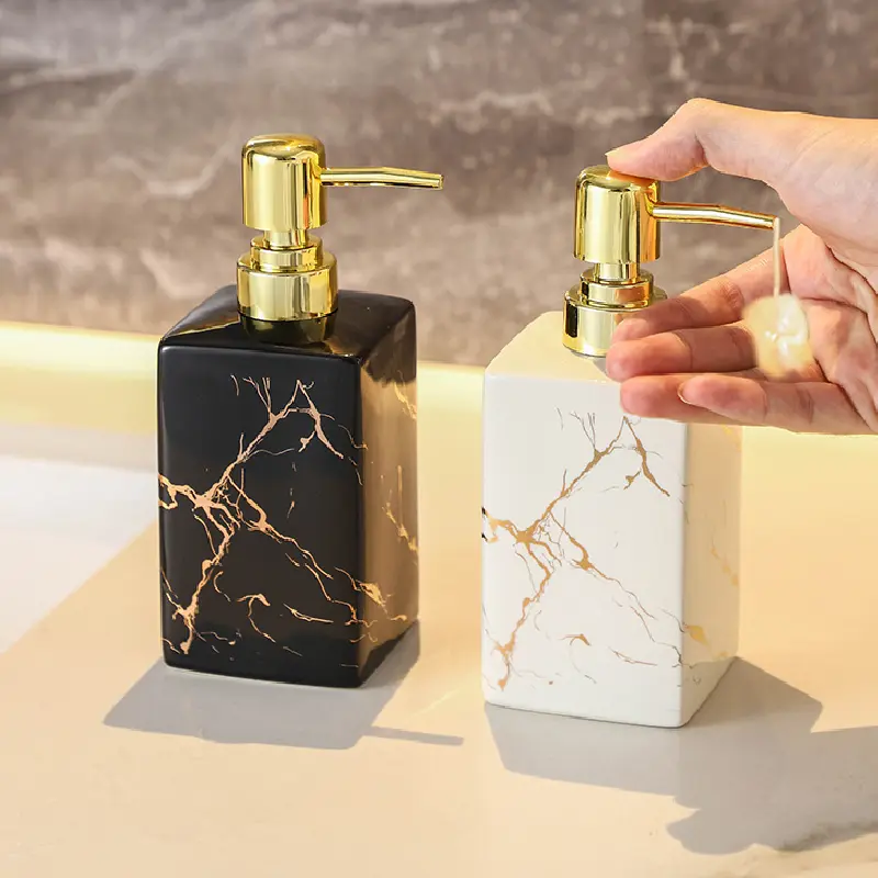 Square Emulsion Bottle Black and White Marble Ceramic Press Bottle Shower Gel Shampoo Bottle Bathroom Decorative Soap Dispenser