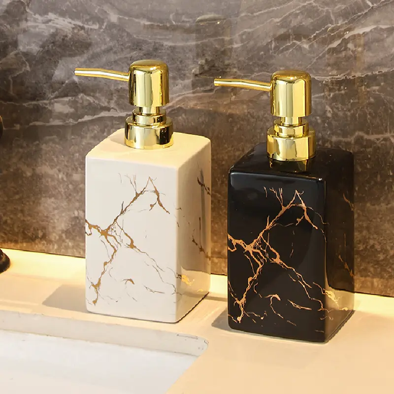 Square Emulsion Bottle Black and White Marble Ceramic Press Bottle Shower Gel Shampoo Bottle Bathroom Decorative Soap Dispenser