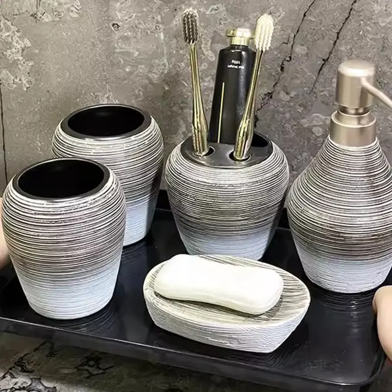 Stripe Brushed Ceramic Lotion Bottle Mouthwash Cup Soap Dish Toothbrush Holder Bathroom Supplies Household Bathroom Accessories