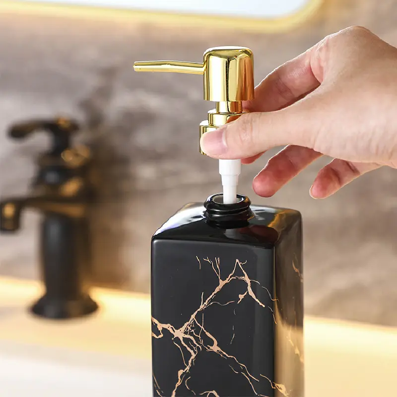Square Emulsion Bottle Black and White Marble Ceramic Press Bottle Shower Gel Shampoo Bottle Bathroom Decorative Soap Dispenser