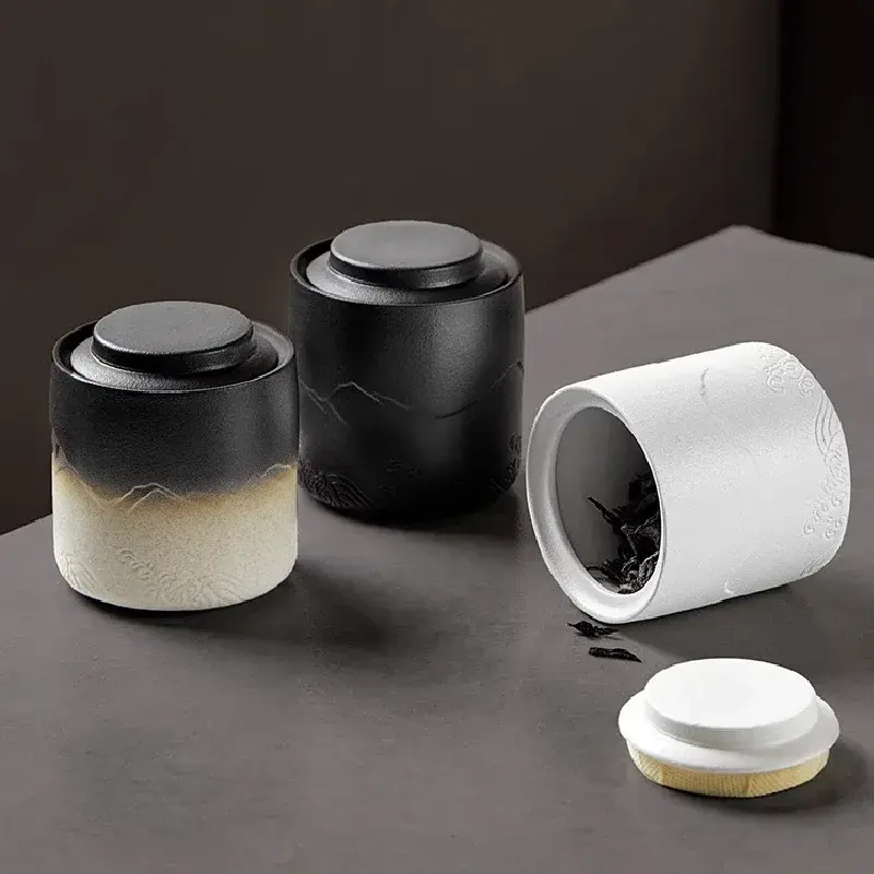 Mountain Sea Painting Ceramic Tea Pot Home Small Tea Storage Tank Storage Tank Living Room Decoration Storage Box with Cover