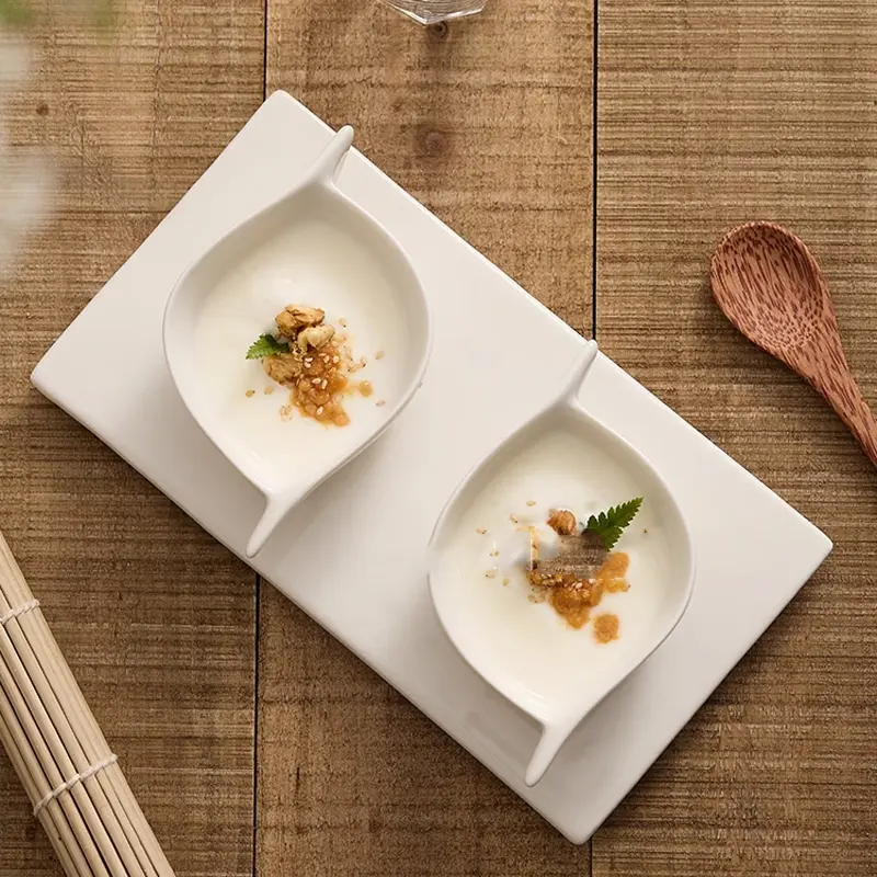 Chinese White Ceramic Shaped Small Plates with Two Compartments for Snacks and Cold Dishes Irregular Tableware Kitchen Supplies