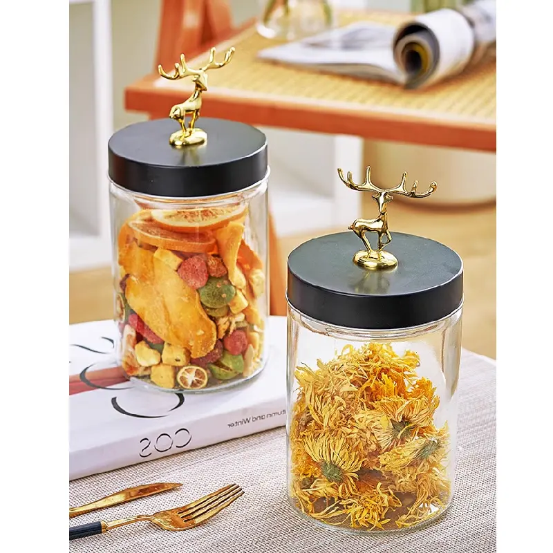 Golden Elk Glass Bottle with Lid Transparent Round Glass Sealed Jar Candy Tea Coffee Beans Nuts Miscellaneous Grains Storage Box