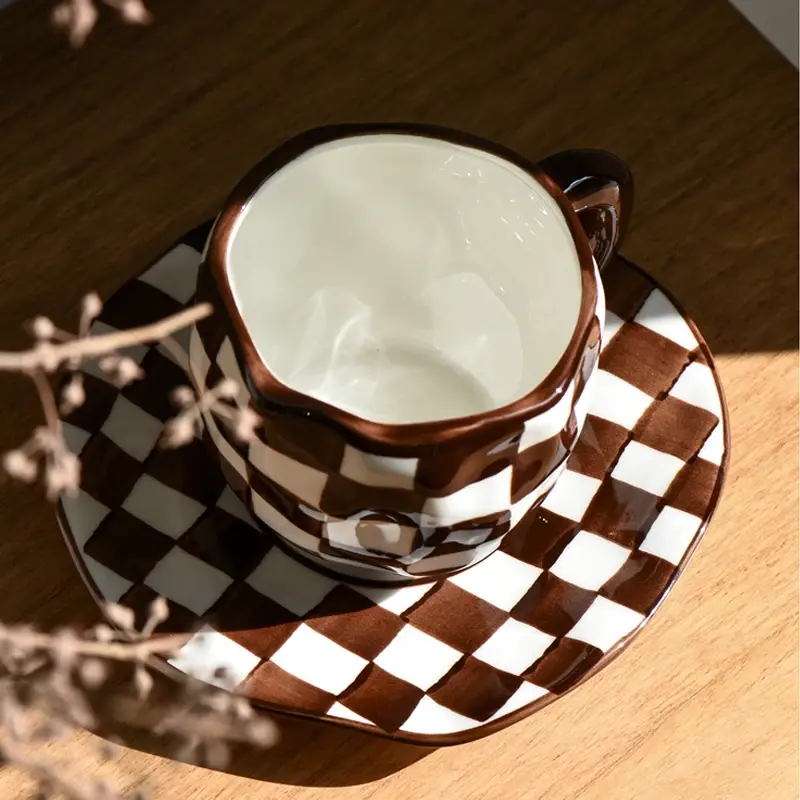 Nordic Style Hand-kneaded Checkerboard Ceramic Coffee Cup Saucer Black and White Hand-painted Afternoon Tea Cup Tableware