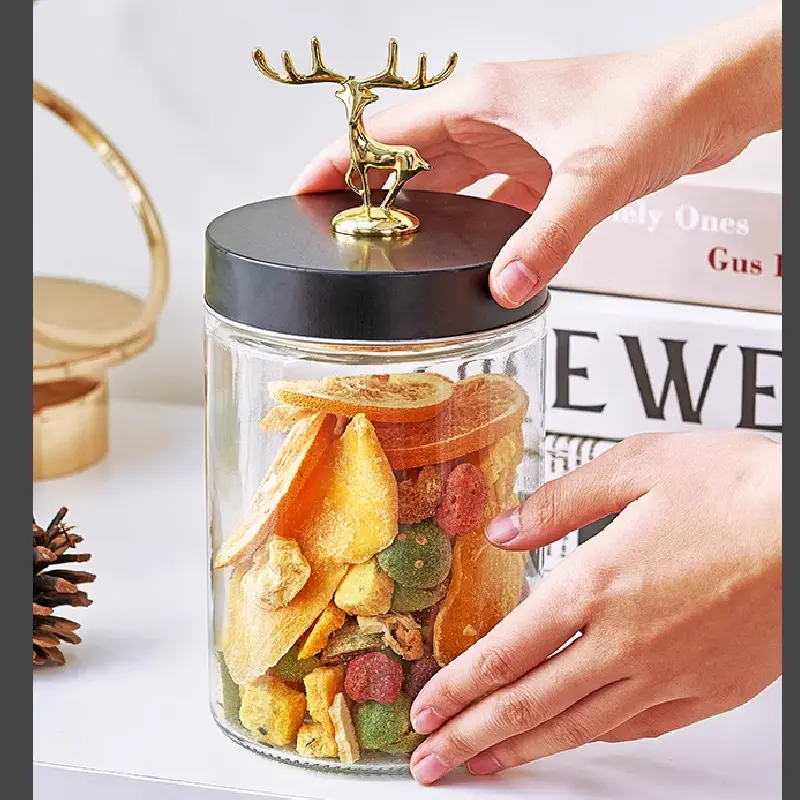 Golden Elk Glass Bottle with Lid Transparent Round Glass Sealed Jar Candy Tea Coffee Beans Nuts Miscellaneous Grains Storage Box