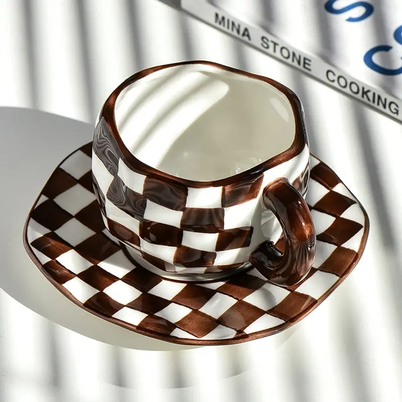 Nordic Style Hand-kneaded Checkerboard Ceramic Coffee Cup Saucer Black and White Hand-painted Afternoon Tea Cup Tableware