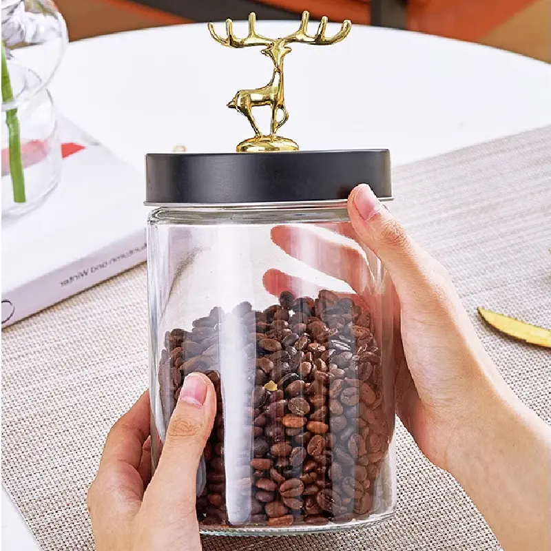 Golden Elk Glass Bottle with Lid Transparent Round Glass Sealed Jar Candy Tea Coffee Beans Nuts Miscellaneous Grains Storage Box