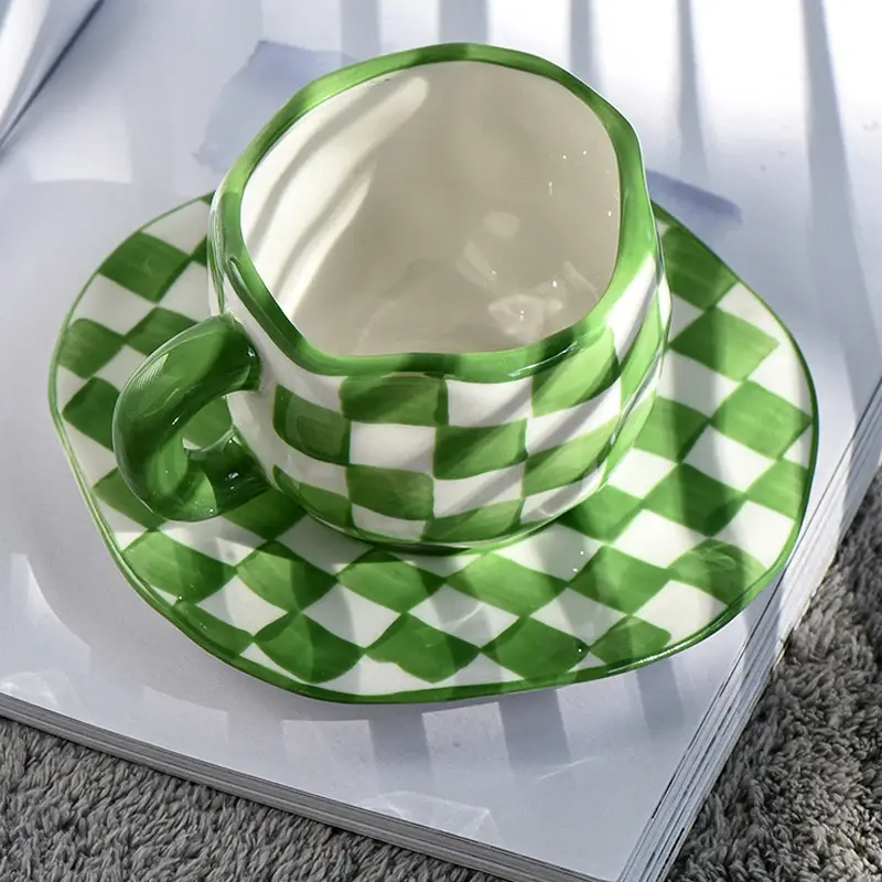 Nordic Style Hand-kneaded Checkerboard Ceramic Coffee Cup Saucer Black and White Hand-painted Afternoon Tea Cup Tableware