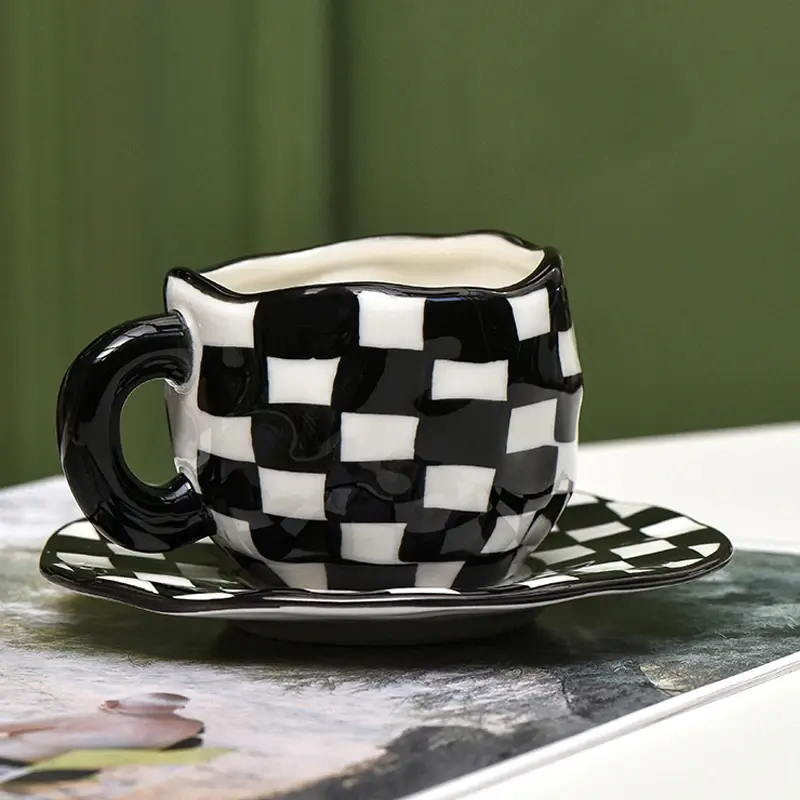 Nordic Style Hand-kneaded Checkerboard Ceramic Coffee Cup Saucer Black and White Hand-painted Afternoon Tea Cup Tableware