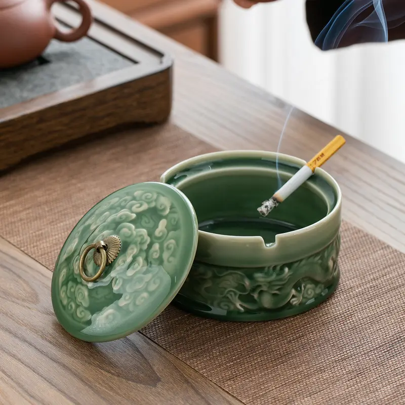 Celadon Ashtray Creative Relief Ashtray with Cover Anti-fly Ash Home Office Tea Set Accessories Ceramic Ashtray Ornaments
