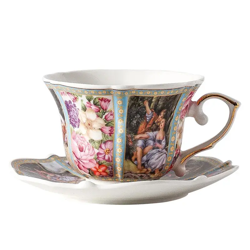 Coffee mug Western court coffee cup with plate Golden edged floral ceramic cup Exquisite tea set afternoon tea light luxury