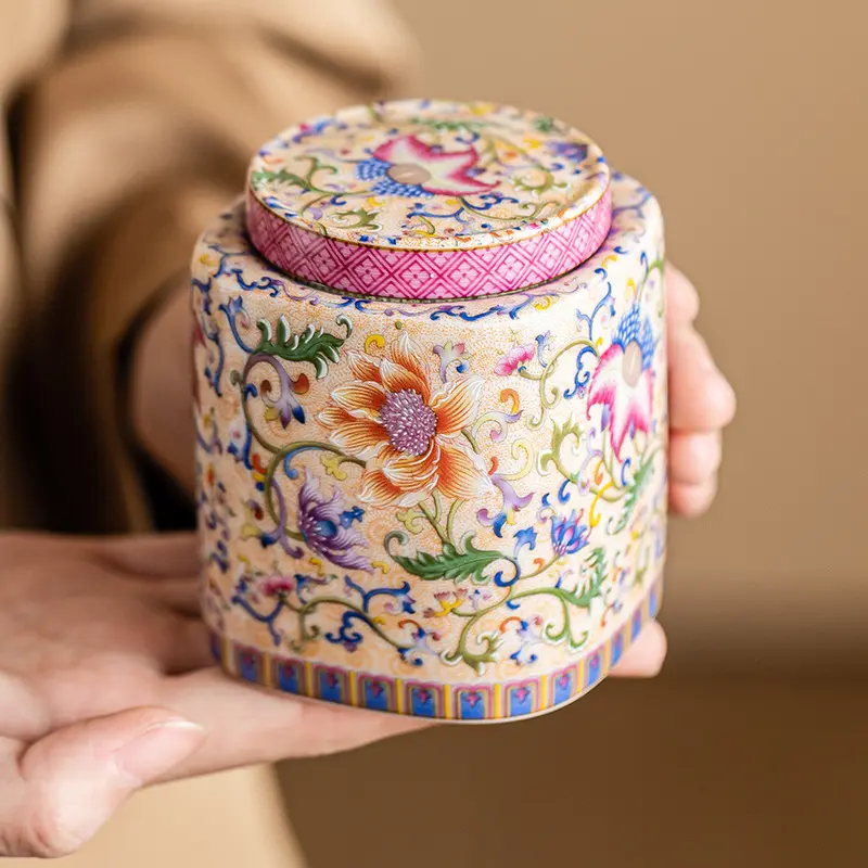 Enamel Color Ceramic Tea Pot Flower Sealed Moisture-proof Pot Chinese Ceramic Tea Storage Tank Home Decoration Ornaments