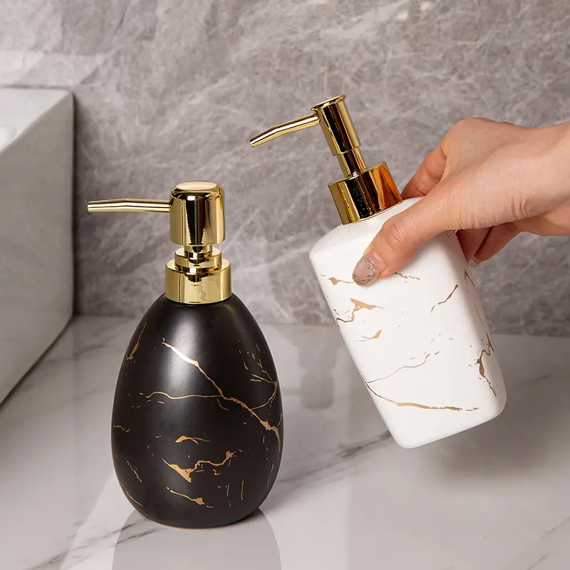 Luxury Shower Gel Separately Bottled Ceramic Press Bottle Hand Lotion Shampoo Lotion Bottle Nordic Marble Golden Bathroom