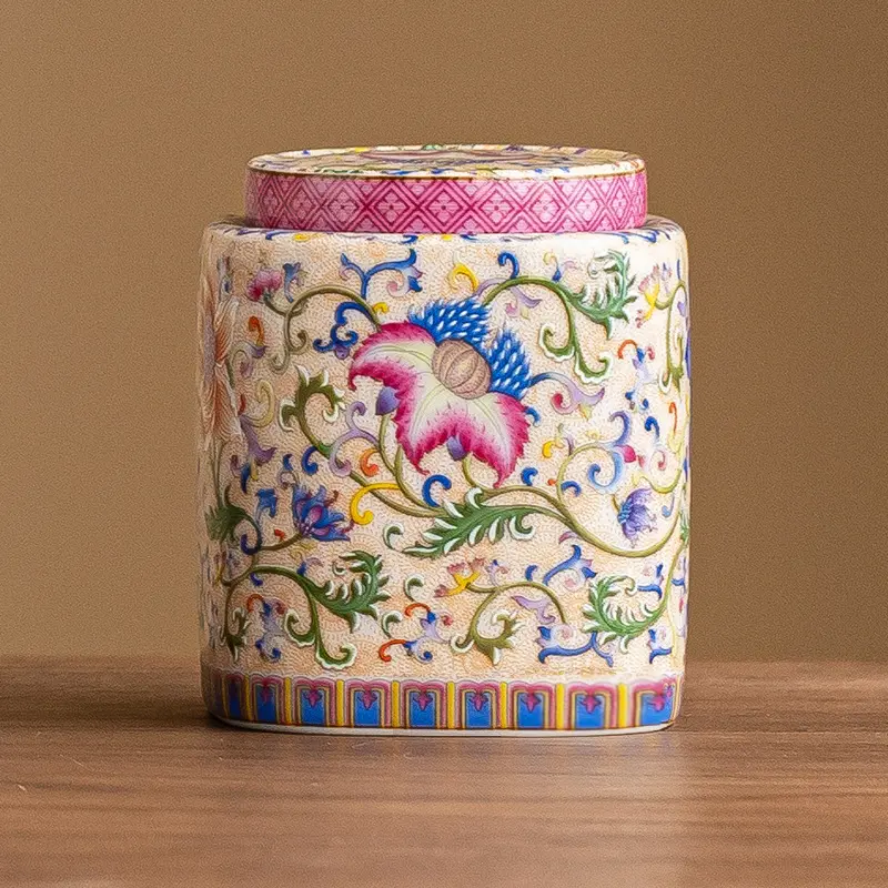Enamel Color Ceramic Tea Pot Flower Sealed Moisture-proof Pot Chinese Ceramic Tea Storage Tank Home Decoration Ornaments
