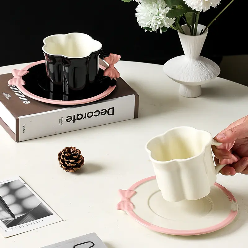 Cream Wind Creative Flower Bow Mug Afternoon Tea Flower Cup Girl Heart Coffee Cup Dish Household Drinking Utensils Dining Table