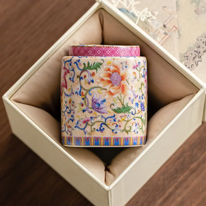 Enamel Color Ceramic Tea Pot Flower Sealed Moisture-proof Pot Chinese Ceramic Tea Storage Tank Home Decoration Ornaments