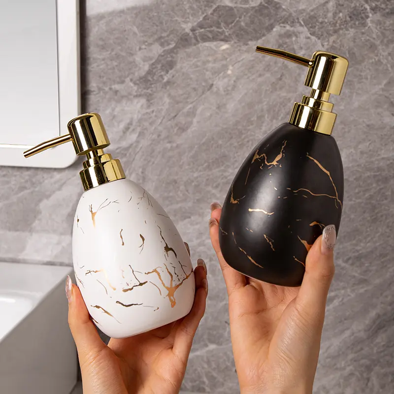Luxury Shower Gel Separately Bottled Ceramic Press Bottle Hand Lotion Shampoo Lotion Bottle Nordic Marble Golden Bathroom