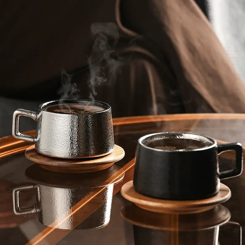 Luxurious Retro Gold Silver Coffee Cup and Saucer Ceramic Set Gift Box Gift Solid Wood Cup Coffee Mug Drinking Utensils 230ML