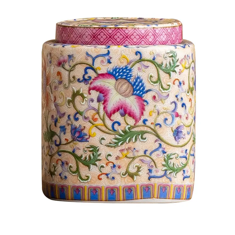 Enamel Color Ceramic Tea Pot Flower Sealed Moisture-proof Pot Chinese Ceramic Tea Storage Tank Home Decoration Ornaments