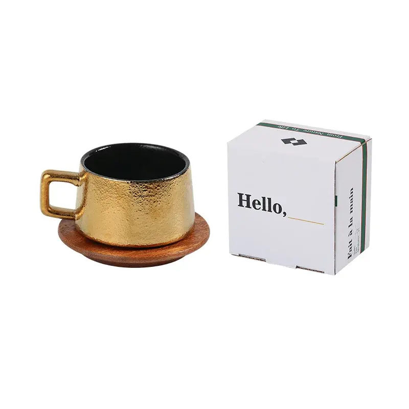 Luxurious Retro Gold Silver Coffee Cup and Saucer Ceramic Set Gift Box Gift Solid Wood Cup Coffee Mug Drinking Utensils 230ML